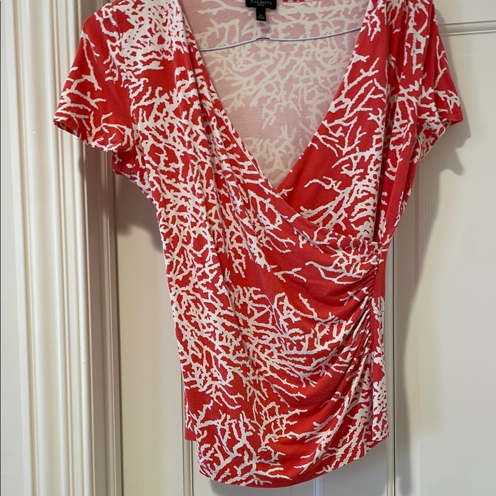 Coral Red and White Criss Gathered Top-Petite Small